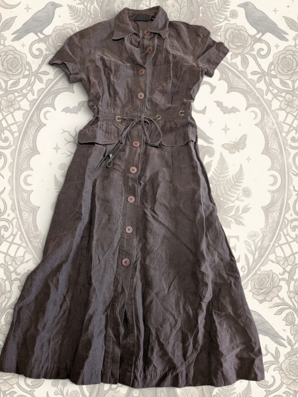 Dark Academia Vintage Silk Linen Midi Dress Espresso Brown Shirt Dress M